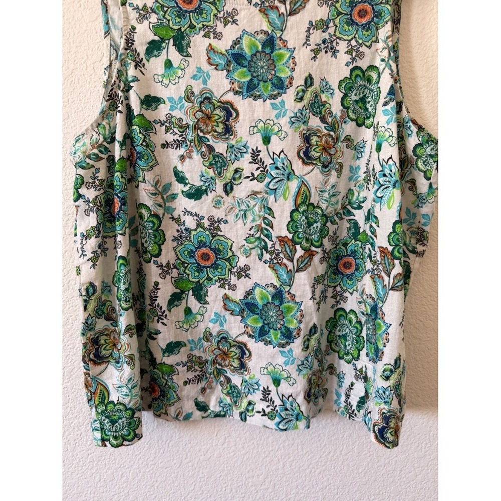 Womens Floral Linen Rayon Sleeveless Blouse Top Green Blue White Tie Back size X - Picture 6 of 13